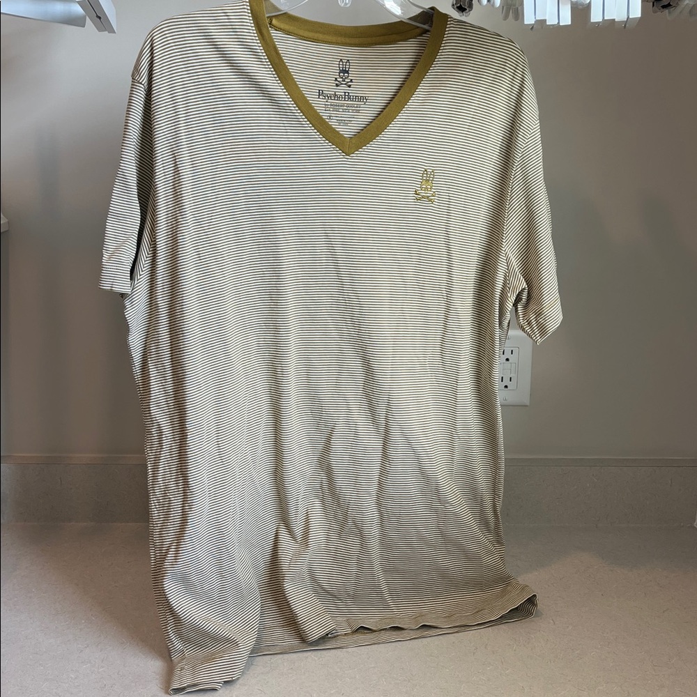 Psycho Bunny Beige and Gold Striped V-Neck Tee